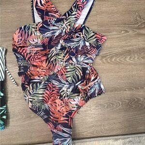 Womens Tropical Leaf One-Piece Swimsuit - Navy & Coral
